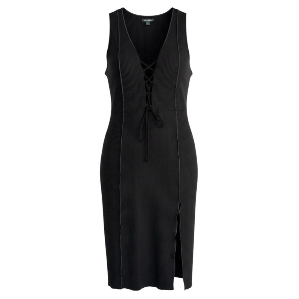 wild fable Black Ribbed Lace-Up Midi Dress - XL